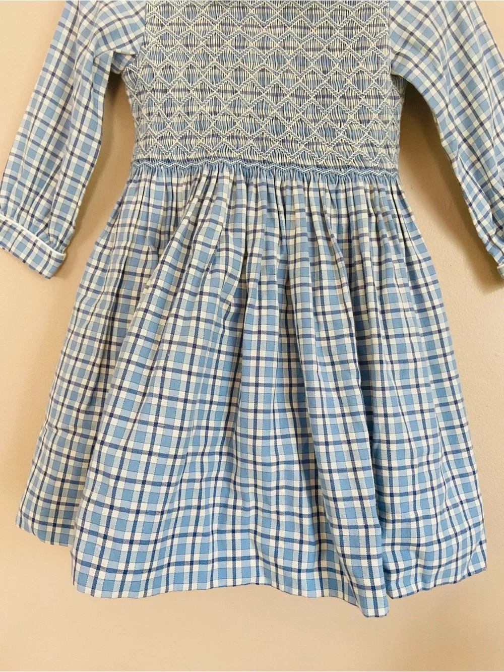 Anavini Vintage Style Smocked Plaid Dress Blue White Peter Pan Collar Size 3